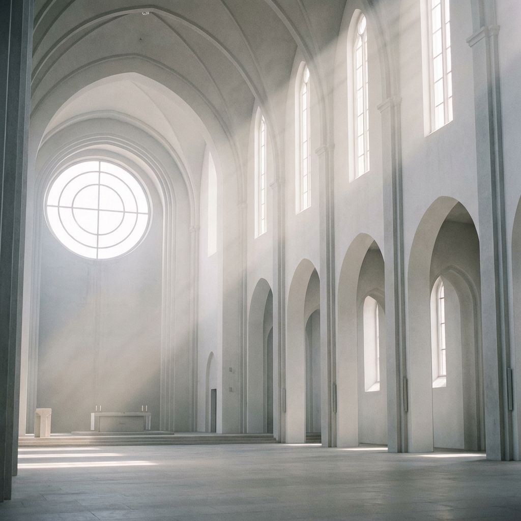 Lichtdurchfluteter, weiß gekalkter Kirchenraum mit Rundfenster