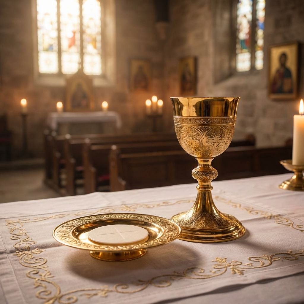 Kelch und Hostienschale auf dem Altar