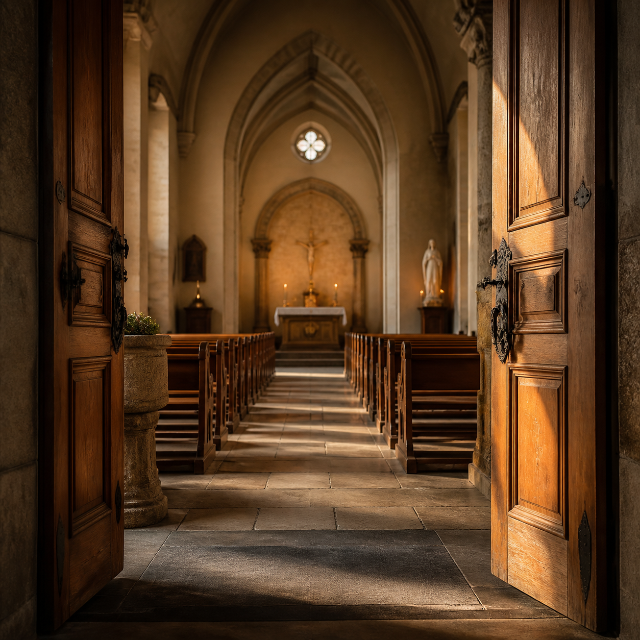 Geöffnete Kirchentür mit Blick in den Kirchenraum