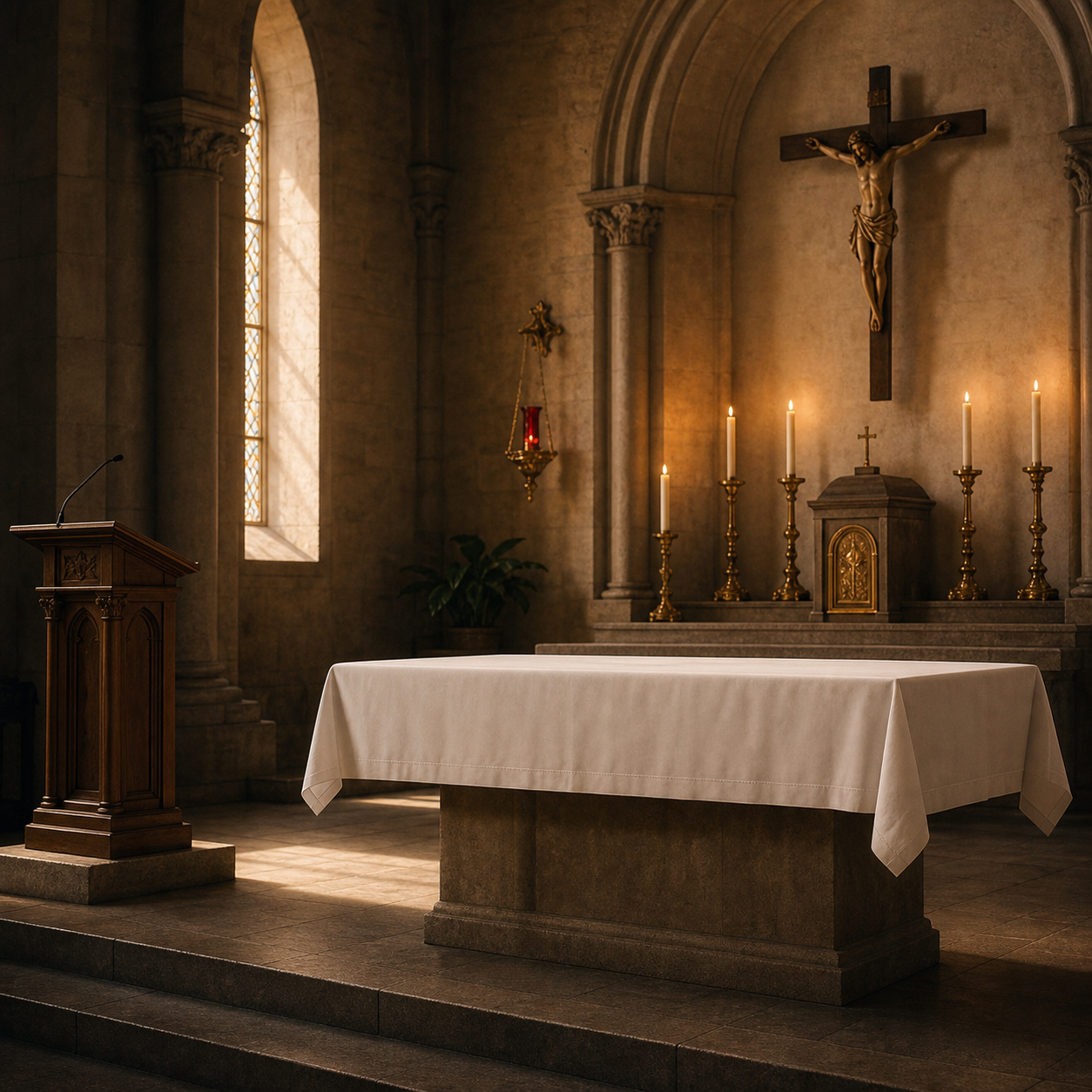 Altar mit weißem Tuch vor einem Kreuz