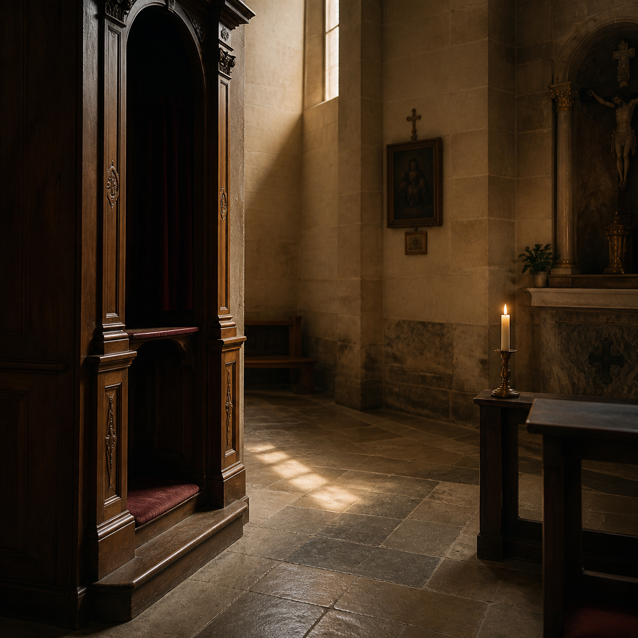 Beichtstuhl im Seitenschiff einer Kirche