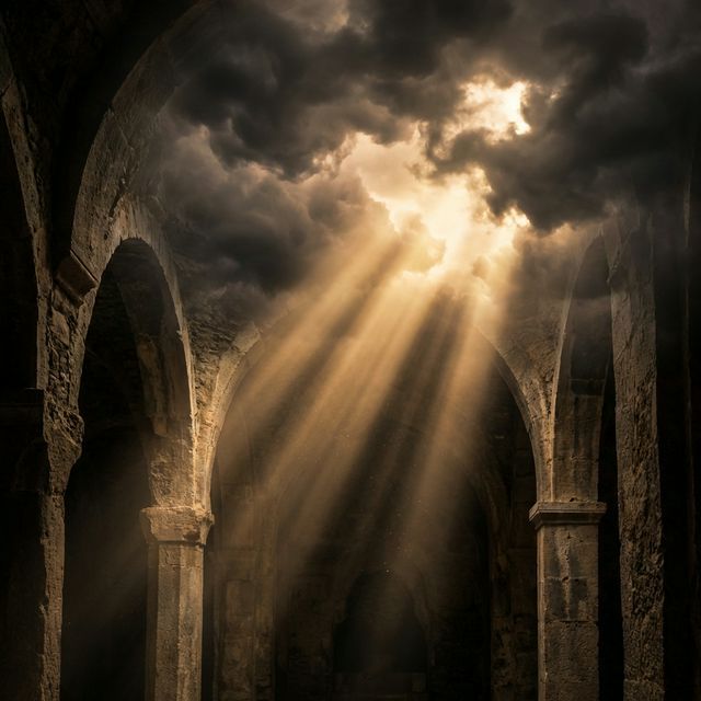 Licht fällt durch ein Kirchenfenster in den Raum